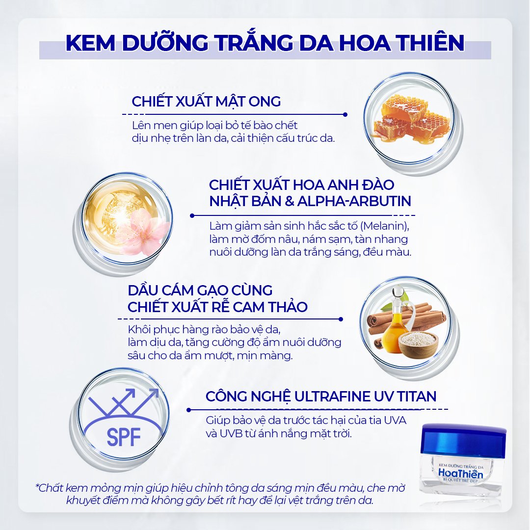 Các thành phần của Kem Dưỡng Trắng Da Hoa Thiên