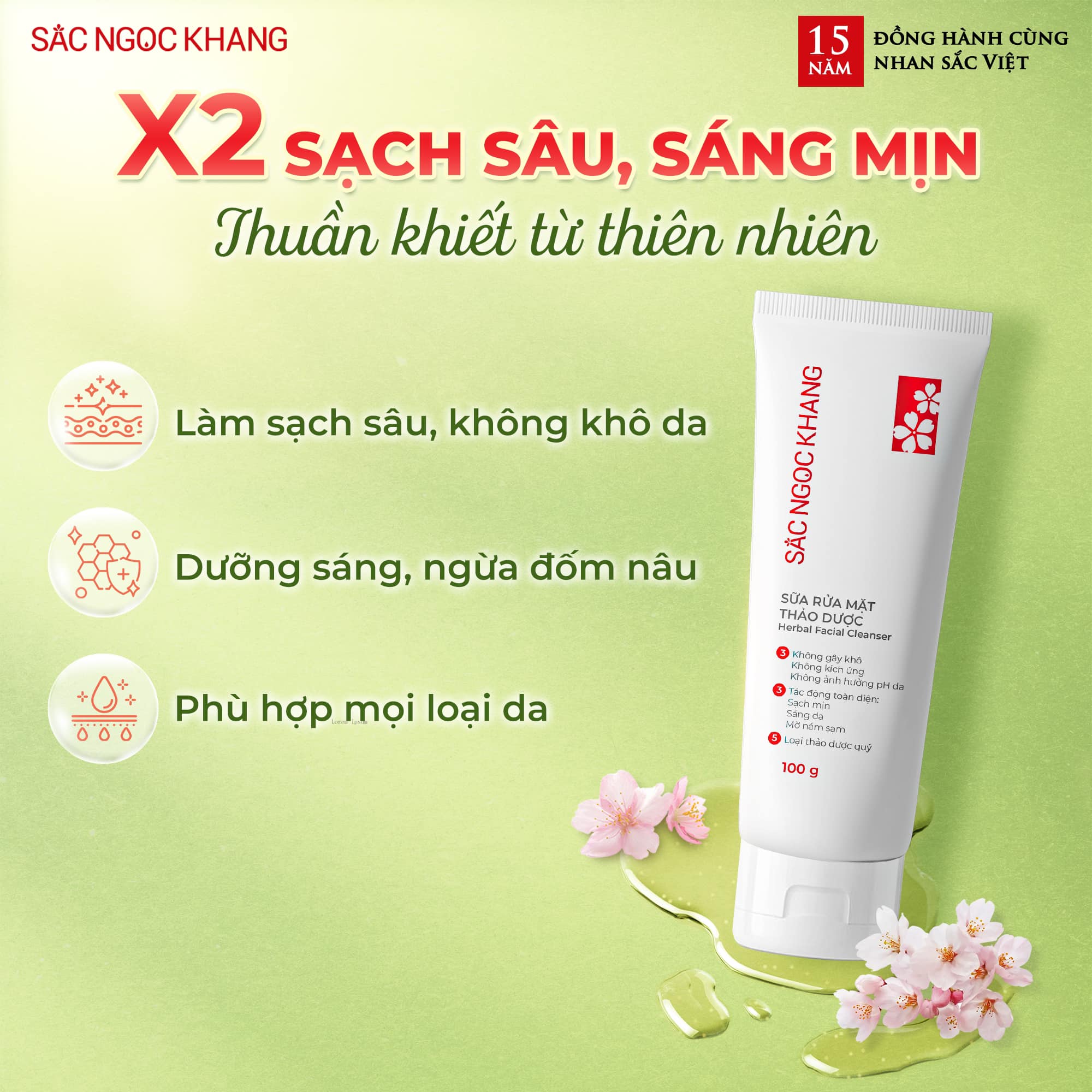 Sữa Rửa Mặt Thảo Dược Sắc Ngọc Khang giúp làm sạch sâu, sáng mịn da